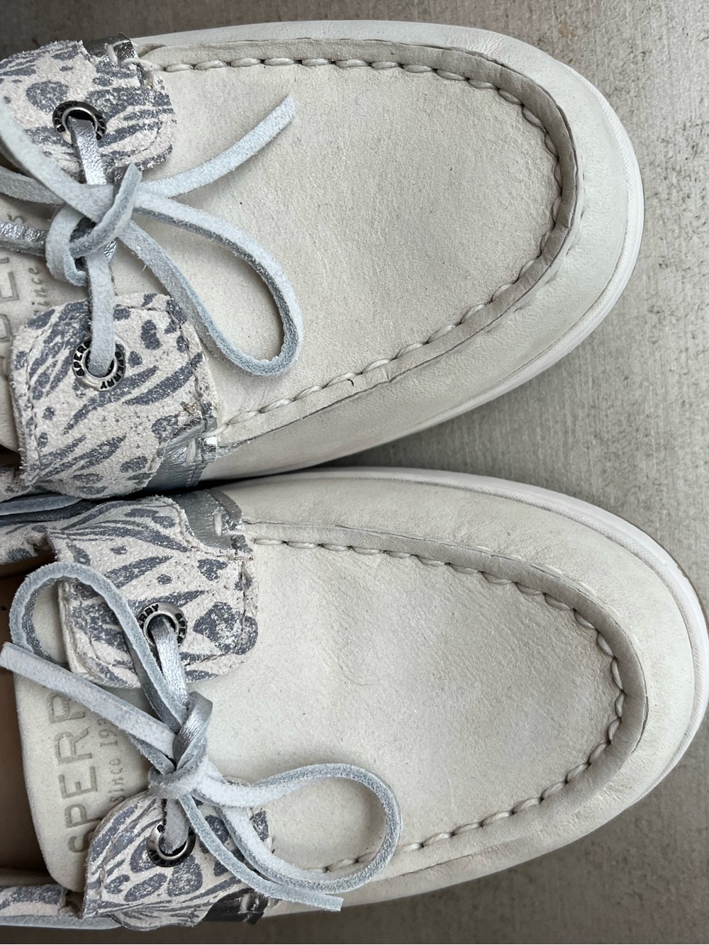 Sperry Light Gray Suede Moccasins with Patterned Eyelet Accents